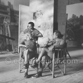 Picasso Jacqueline and film director Henri-Georges Clouzot. During filming of "Le mystère Picasso”, Nice, Studios de la Victorine 1955. - Photo by Edward Quinn