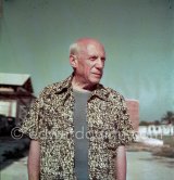 Pablo Picasso on the grounds of the Studios de la Victorine during shooting of "Le mystère Picasso", Nice 1955. - Photo by Edward Quinn