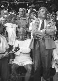 At one moment during the corrida Pablo Picasso’s three children all put their hands on their father’s head. On the right is Jean Cocteau. Vallauris 1955. Interview RTF by Roger Sadoul: http://www.ina.fr/audio/P13108794/corrida-a-Vallauris-ete-1955.-audio.html - Photo by Edward Quinn