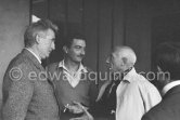 Edouard Pignon, not yet identified person, Pablo Picasso, Exhibition at Madoura? On the occasion of Picasso's 75th birthday on 25.10. Vallauris 1956. - Photo by Edward Quinn