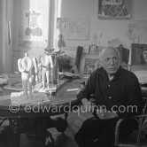 Pablo Picasso and two plasters of "Centaure". La Californie, Cannes 1956. - Photo by Edward Quinn