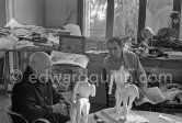 Pablo Picasso and French painter and writer André Verdet, examinig two plasters of "Centaure". La Californie, Cannes 1956. - Photo by Edward Quinn