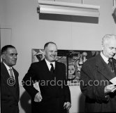 Maurice Thorez, Henri Matarasso and Louis Aragon at a private viewing of Pablo Picasso's book illustrations in the Matarasso gallery in Nice. "Pablo Picasso. Un Demi-Siècle de Livres Illustrés". Galerie H. Matarasso. 21.12.1956-31.1.1957. Nice 1956. - Photo by Edward Quinn