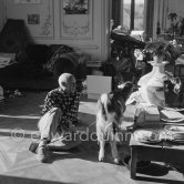 Pablo Picasso with the goat Esmeralda at Christmas 1956. She was a Christmas present from Jacqueline. La Californie, Cannes 1956. - Photo by Edward Quinn