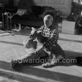 Pablo Picasso with the goat Esmeralda at Christmas 1956. She was a Christmas present from Jacqueline. La Californie, Cannes 1956. - Photo by Edward Quinn