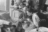 Pablo Picasso and Jacqueline with the goat Esmeralda at Christmas 1956. She was a Christmas present from Jacqueline. La Californie, Cannes 1956. - Photo by Edward Quinn