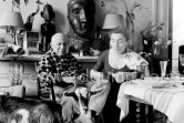 Christmas 1956, Pablo Picasso and Jacqueline Roque with goat Esmeralda. She was a Christmas present from Jacqueline. La Californie, Cannes 1956. - Photo by Edward Quinn