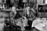 Pablo Picasso and Jacqueline with the goat Esmeralda at Christmas 1956. She was a Christmas present from Jacqueline. La Californie, Cannes 1956. - Photo by Edward Quinn