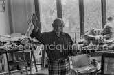 Imitating the gestures and voice of a tragedian with noises sounding like English, Pablo Picasso imagines himself as Hamlet. La Californie, Cannes 1957. - Photo by Edward Quinn