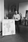 Pablo Picasso with the painting "Le tremplin". La Californie, Cannes 1957. - Photo by Edward Quinn