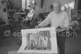 Pablo Picasso with "Femme dans l'atelier" colorized and dedicatd to Edward Quinn. La Californie, Cannes 21.11.1957. - Photo by Edward Quinn
