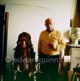 Pablo Picasso with female body mask Nevimbumbao Vanuatu, a present received from Matisse. La Californie, Cannes 1957. - Photo by Edward Quinn