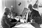 Pablo Picasso and Jacqueline joking with English art critic Clive Bell. La Californie, Cannes 1958. - Photo by Edward Quinn