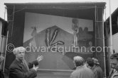 from left Georges Salles, President of the ICOM (left) and Henri Laugier, Member of the Executive committee of the UNESCO. Unvealing of the mural "The Fall of Icarus" ("La chute d'Icare") for the conference hall of UNESCO building in Paris. Vallauris, 29 March 1958. from left Georges Salles, President of the ICOM (left) and Henri Laugier, Member of the Executive committee of the UNESCO. Unveiling of mural "The Fall of Icarus" ("La chute d'Icare") for the conference hall of UNESCO building in Paris. The mural is made up of forty wooden panels. Initially titled "The Forces of Life and the Spirit Triumphing over Evil", the composition was renamed in 1958 by George Salles, who preferred the current title, "The Fall of Icarus" ("La chute d'Icare"). Vallauris, 29 March 1958. - Photo by Edward Quinn