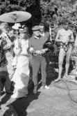 Cocteau, Alberto Magnelli, Francine Weisweiller, Pablo Picasso, Renato Guttuso and Jean-Claude Picasso Petit, part of "L'homme chien". At Villa Santo Sospir of Francine Weisweiller. Saint-Jean-Cap-Ferrat 1959. - Photo by Edward Quinn