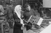 Gallerist Agnes Widlund and the constructor of a metal model of Château de Vauvenargues. Gift of Teto Ahrenberg to Pablo Picasso on the occasion of the visit of the Ahrenberg family at La Californie 1959. - Photo by Edward Quinn