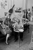 Pablo Picasso and Suzanne Ramié with invitation cards for the opening of an exhibition at La Galerie Madoura, 5 april 1961. Pablo Picasso working on "Oeuf de pâques" with Caran d'ache wax oil pastels. La Californie, Cannes 1961. - Photo by Edward Quinn