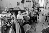 Pablo Picasso and Jacqueline. she is wearing a blouse made from a textile designed by Pablo Picasso. La Californie, Cannes, Easter 1961. - Photo by Edward Quinn