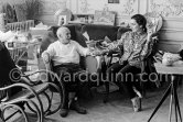 Pablo Picasso and Jacqueline. she is wearing a blouse made from a textile designed by Pablo Picasso. La Californie, Cannes 1961. - Photo by Edward Quinn