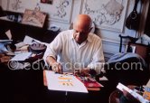 Picasso working on gouache with Caran d'Ache wax oil pastels and water color. Picasso always liked surprises and in his work he encouraged unpredictable outcomes. La Californie, Cannes, Easter (good Friday) 16.3.1961. - Photo by Edward Quinn