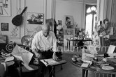 Pablo Picasso working on gouache with Caran d'ache wax oil pastels and water color. Pablo Picasso always liked surprises and in his work he encouraged unpredictable outcomes. La Californie, Cannes 1961. - Photo by Edward Quinn