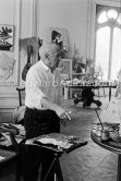 Picasso working on gouache with Caran d'Ache wax oil pastels and water color. Picasso always liked surprises and in his work he encouraged unpredictable outcomes. La Californie, Cannes, Easter (good Friday) 16.3.1961. - Photo by Edward Quinn