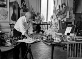 Picasso working on gouache with Caran d'Ache wax oil pastels and water color. Picasso always liked surprises and in his work he encouraged unpredictable outcomes. La Californie, Cannes, Easter (good Friday) 16.3.1961. - Photo by Edward Quinn