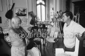 Pablo Picasso and Antoni Clavé, Spanish painter. La Californie, Cannes 1961. - Photo by Edward Quinn
