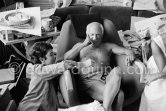 Pablo Picasso and Catherine Hutin. Ripolin can. La Californie 1961. - Photo by Edward Quinn