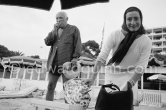 Pablo Picasso and Jacqueline at the beach. Golfe-Juan 1961. - Photo by Edward Quinn