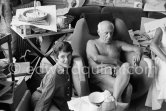 Pablo Picasso and Catherine Hutin. And a Ripolin can. La Californie, Cannes 1961. - Photo by Edward Quinn