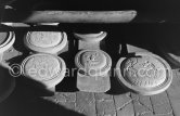 Plaster moulds/blocks for the production of ceramic editions. Madoura pottery, Vallauris 1961. - Photo by Edward Quinn
