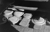 Plaster moulds/blocks for the production of ceramic editions. Madoura pottery, Vallauris 1961. - Photo by Edward Quinn