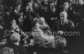 From left: Daniel-Henry Kahnweiler, Lucia Bosè, Miguel Dominguin, Jacqueline, French communist party leader Jacques Duclos, Claude Picasso, Pablo Picasso, Louise Leiris. Festivities put on in Pablo Picasso's honor for the 80th birthday. Nice 28.10.1961. - Photo by Edward Quinn