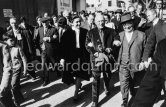 From left: Jaime Sabartés, Cathérine "Cathy" Hutin, Jacqueline, Pablo Picasso, Jacques Duclos, French Communist politician. Festivities put on in Pablo Picasso's honor (80th birthday). Vallauris 29.10.1961. - Photo by Edward Quinn