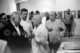 Jacques Prévert, Pablo Picasso, Marcel Duhamel, Brassaï. Opening of exhibition "Images de Jacques Prévert". Château Grimaldi, Antibes, 6.8.1963. - Photo by Edward Quinn