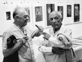 Pablo Picasso and r Brassaï at the opening of the exhibition "Images de Jacques Prévert", Château Grimaldi, Antibes, 6.8.1963. - Photo by Edward Quinn