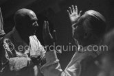 Pablo Picasso and Romuald Dor de la Souchère, founder and curator of the Grimaldi Museum, Antibes, later Musée Pablo Picasso. Opening of Jacques Prévert exhibition "Images de Jacques Prévert", August 6, 1963. Château d'Antibes 1963. - Photo by Edward Quinn