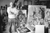 Pablo Picasso in the room that became known as the viewing room. He would arrange his work so that he could see it from the living room every time he passed. He liked to bring his close friends there for a private viewing. Mas Notre-Dame-de-Vie, Mougins 1964. - Photo by Edward Quinn