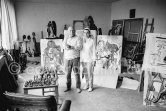 Pablo Picasso and Jacqueline in the room that became known as the viewing room. He would arrange his work so that he could see it from the living room every time he passed. He liked to bring his close friends there for a private viewing. Mas Notre-Dame-de-Vie, Mougins 1964. - Photo by Edward Quinn