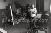 Pablo Picasso  in the room that became known as the viewing room. He would arrange his work so that he could see it from the living room every time he passed. He liked to bring his close friends there for a private viewing. Mas Notre-Dame-de-Vie, Mougins 1964. (Digitized from Vintage Print, original negative missing) - Photo by Edward Quinn