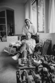 Pablo Picasso and Jacqueline in the room that became known as the viewing room. He would arrange his work so that he could see it from the living room every time he passed. He liked to bring his close friends there for a private viewing. Mas Notre-Dame-de-Vie, Mougins 1964. - Photo by Edward Quinn