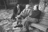Pablo Picasso, Dr. Jacques Hepp, the surgeon who operated on him and Georges Tabaraud (editor of "Le Patriote", a french communist daily Newspaper) in the gardens of Mas Notre-Dame-de-Vie. First photos after surgery at British-American Hospital in Paris. Mougins 1965. - Photo by Edward Quinn