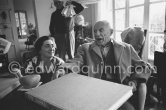 Jacqueline holding Pablo Picasso's hand. One of the first photos after his surgery at the British-American Hospital in Paris. Notre-Dame-De-Vie, Mougins 1965. - Photo by Edward Quinn