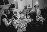 Birthday dinner for Jacqueline (24.2.66). Jacqueline, Spanish publisher Gustavo Gili and his wife, Anna Maria Torra Amat, Hélène Parmelin, Sylvie, Pablo Picasso's nurse. Mas Notre-Dame-de-Vie 1966. - Photo by Edward Quinn
