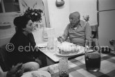 Pablo Picasso at the birthday dinner for Jacqueline (24.2.66). Mas Notre-Dame-de-Vie, Mougins 1966. - Photo by Edward Quinn