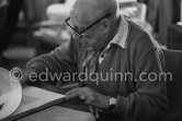 Pablo Picasso signing. Mas Notre-Dame-de-Vie, Mougins 1969. - Photo by Edward Quinn