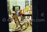 Pablo Picasso working on the etching "Les coulisses du tableau: odalisque et peintre", 1970. Mas Notre-Dame-de-Vie, Mougins 1970. This photo sequence was made during the making of Quinn’s film "Pablo Picasso l' homme et son oeuvre". "When Pablo Picasso was eighty-nine he asked Quinn to film him making a drypoint in order to demonstrate the steadiness of his hand". (Quinn in conversation with Marilyn McCully 1983) - Photo by Edward Quinn
