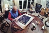 Pablo Picasso working on the etching "Les coulisses du tableau: odalisque et peintre", 1970. Mas Notre-Dame-de-Vie, Mougins 1970. This photo sequence was made during the making of Quinn’s film "Pablo Picasso l' homme et son oeuvre". "When Pablo Picasso was eighty-nine he asked Quinn to film him making a drypoint in order to demonstrate the steadiness of his hand". (Quinn in conversation with Marilyn McCully 1983) - Photo by Edward Quinn