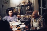 Pablo Picasso and Jacqueline. He rings a little Indian bell which Quinn brought Quinn from Ireland. One of the last photos of Pablo Picasso by Edward Quinn. (Scenes in the documentary film "Pablo Picasso l'homme et son oeuvre" by Edward Quinn). Mas Notre-Dame-de-Vie, Mougins 7. Jan 1972. - Photo by Edward Quinn